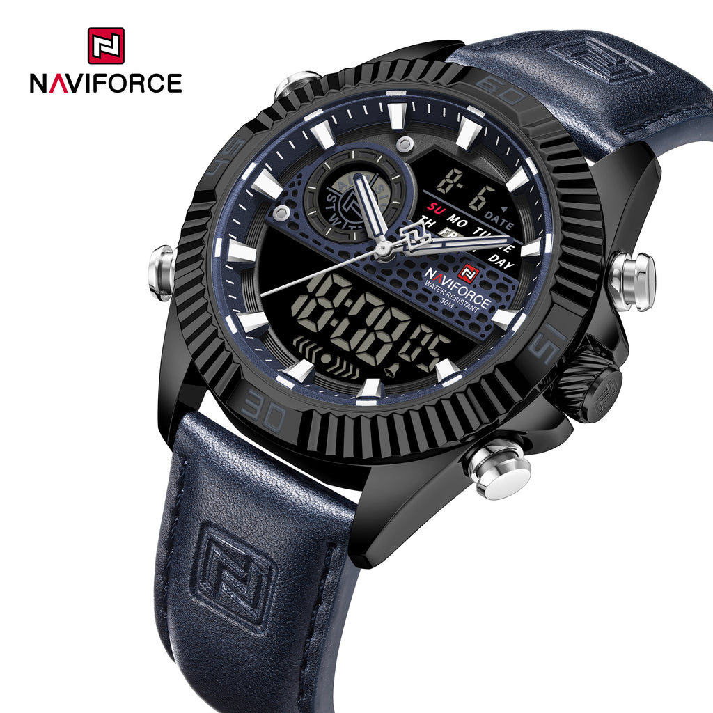 NAVIFORCE Men Quartz LCD Dual Display Watch with Leather Strap 3ATM Wa ...