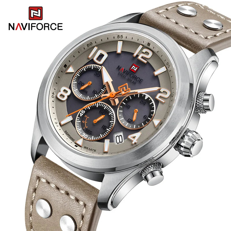 NAVIFORCE Pls 1006 Solar Powered Movement Genuine Leather Strap 5ATM Waterproof Luminous Men Watch