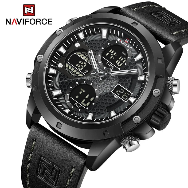 NAVIFORCE 9225 Men Sport Watch Fashion Genuine Leather Strap Dual Display Wristwatch Waterproof Chronograph Alarm Clock Reloj Hombre