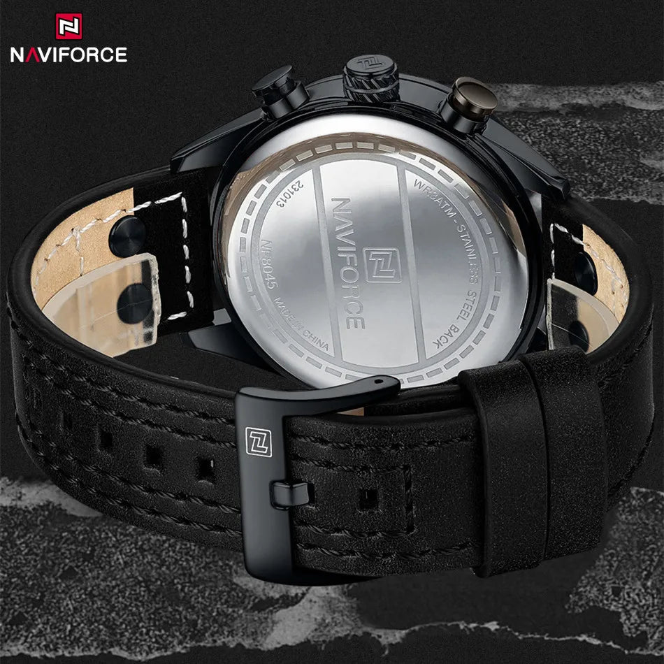 NAVIFORCE NF8045 Men Watch Waterproof Genuine Leather Strap Military S THE NAVIFORCE