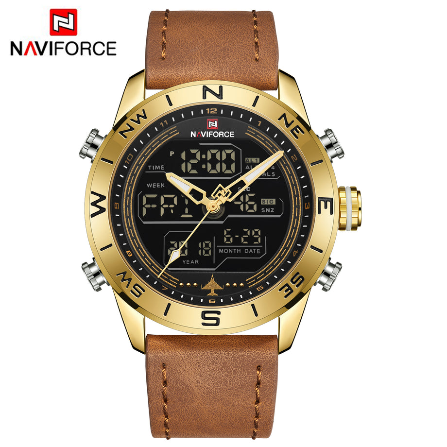 NAVIFORCE Men Military Sport Watch Led Digital Leather Waterproof Quartz Watches NF9144