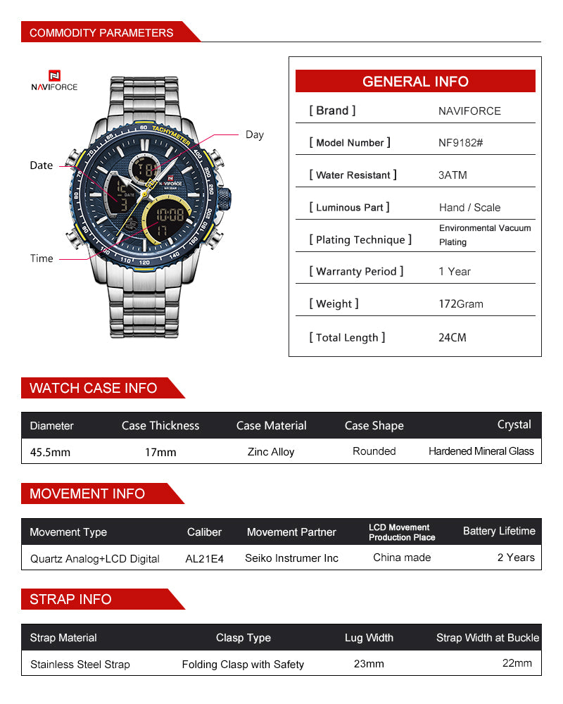 NAVIFORCE Men Digital Sports Watches Multifunction Chronograph